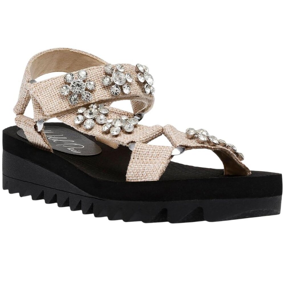 NWT Wild Pair Embellished Open Toe Ankle Strap Sandal Sand Raffia Brown 8.5M